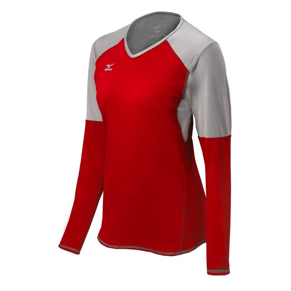 Womens Mizuno Techno VI Long Sleeve Volleyball Jersey Red/Silver/Grey Philippines (YXUWVA372)